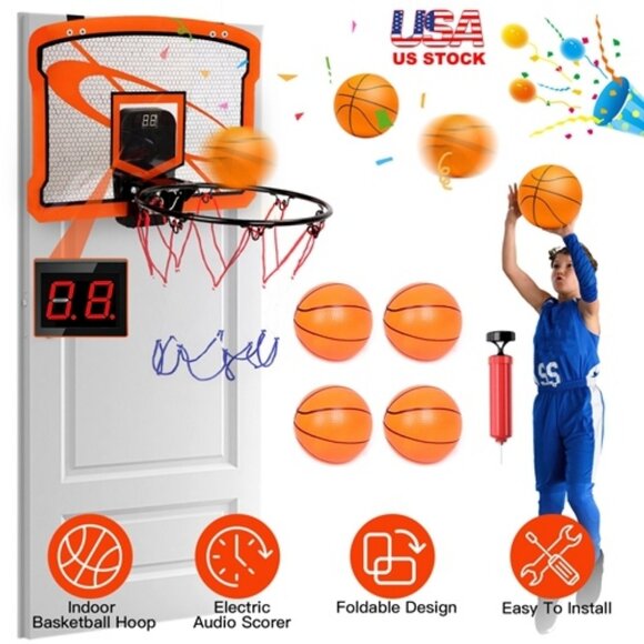 Indoor Mini Basketball Hoop Set Over Door Basketball Hoop with 4 Inflatable Ball - Picture 2 of 6